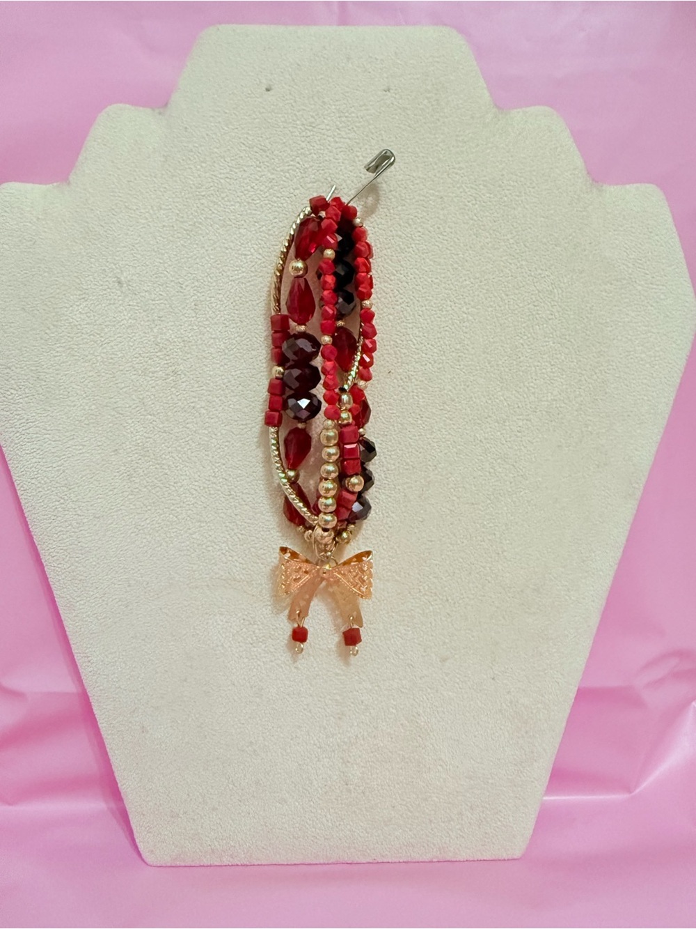 Red Multi-Bead Bow Charm Pendant Bracelt- Unbranded